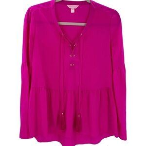 Lilly Pulitzer XS Milan Top Magenta 100% Silk Long Sleeve Pink Tassel Detail